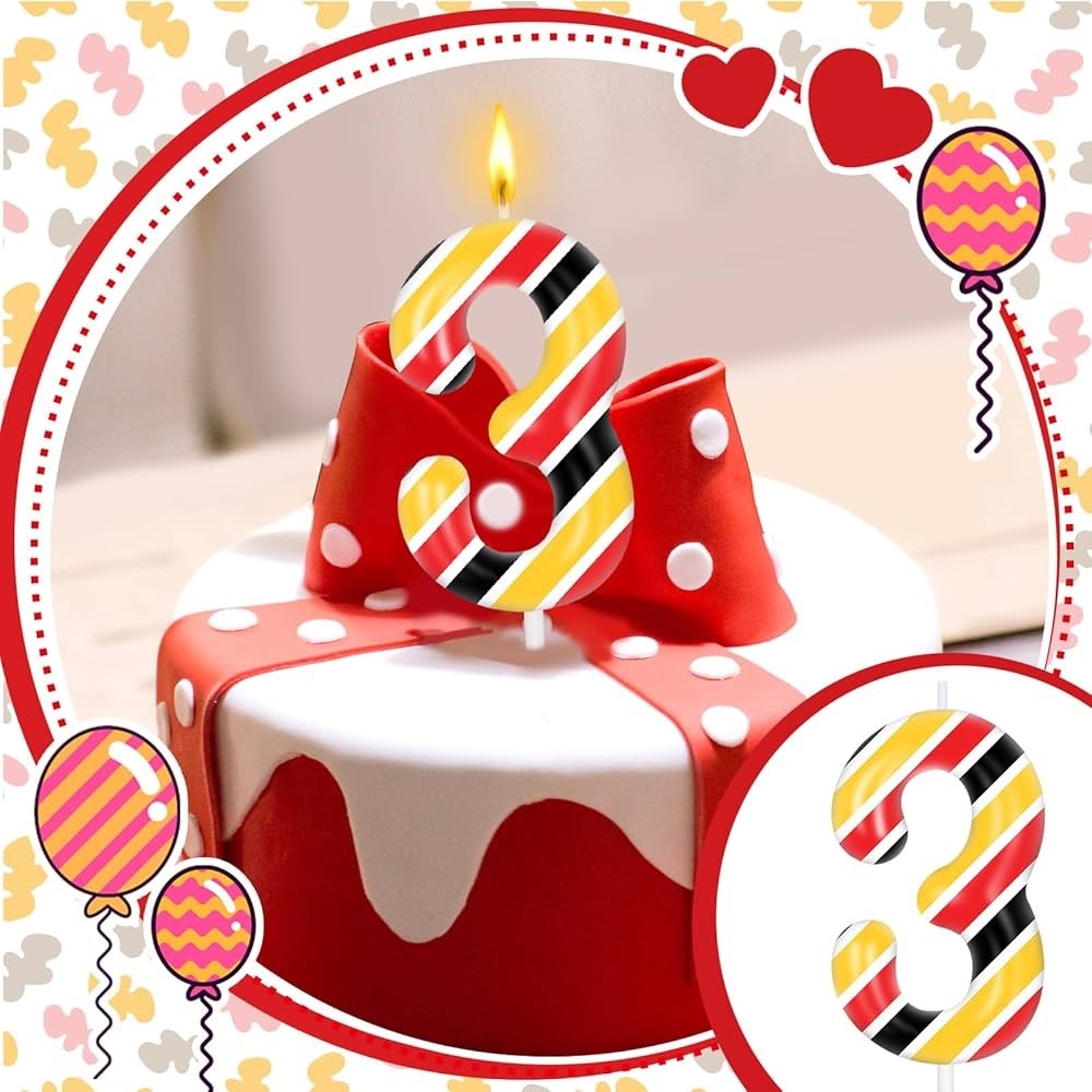 Striped Number 3 Birthday Party Candle Cake Topper - Red, Yellow, and Black - Picture 4 of 11